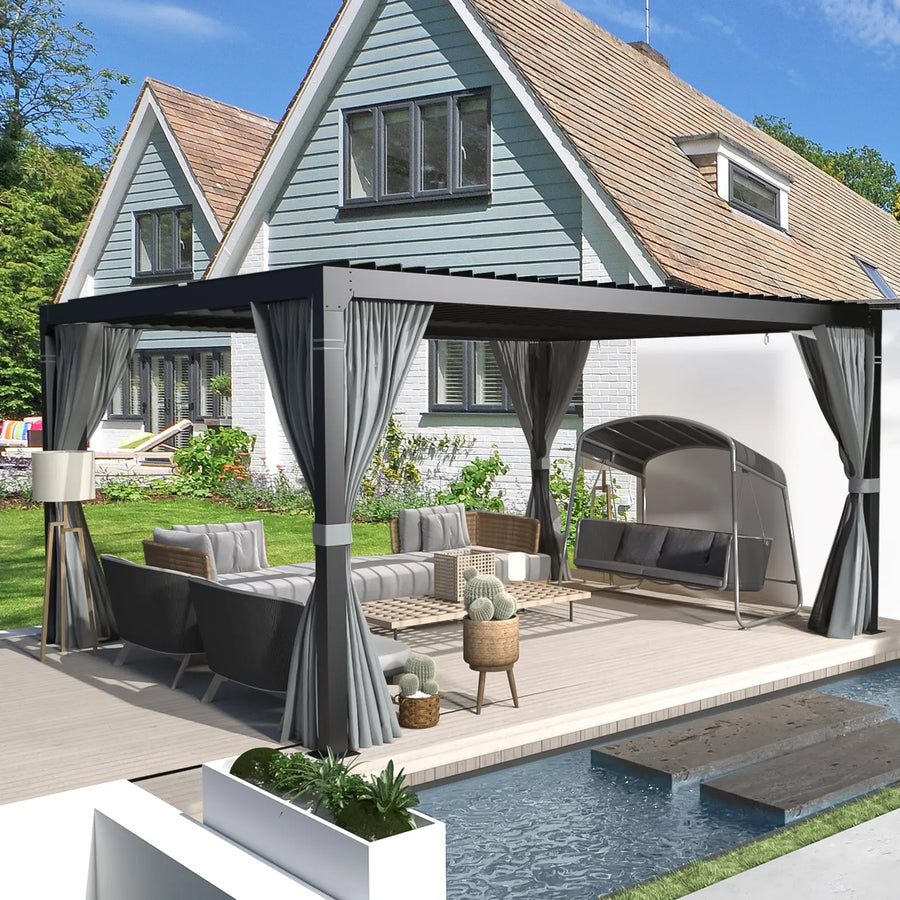 EROMMY 10×20 Louvered Hardtop Pergola — freestanding aluminum louvered pergola with the roof partly open