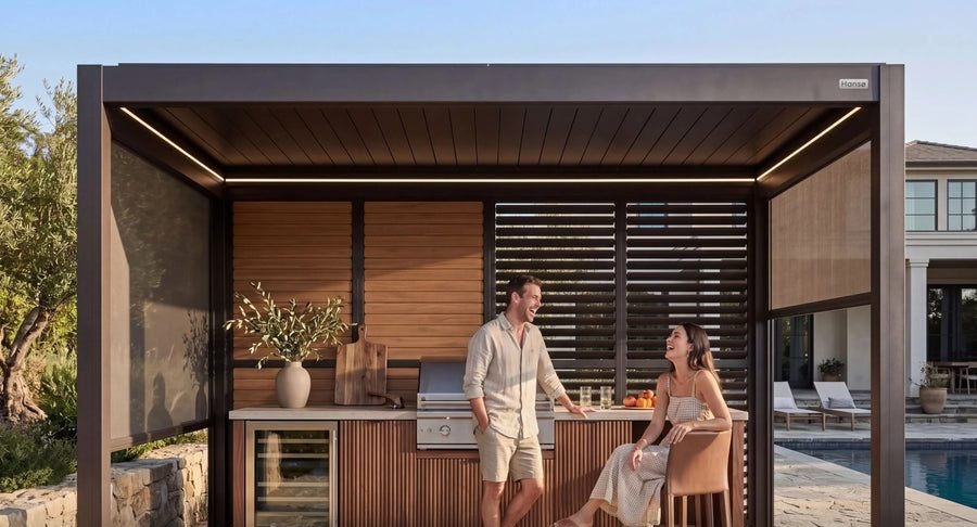 Hansø Horizon Smart Pergola — freestanding aluminum louvered pergola with the roof partly open